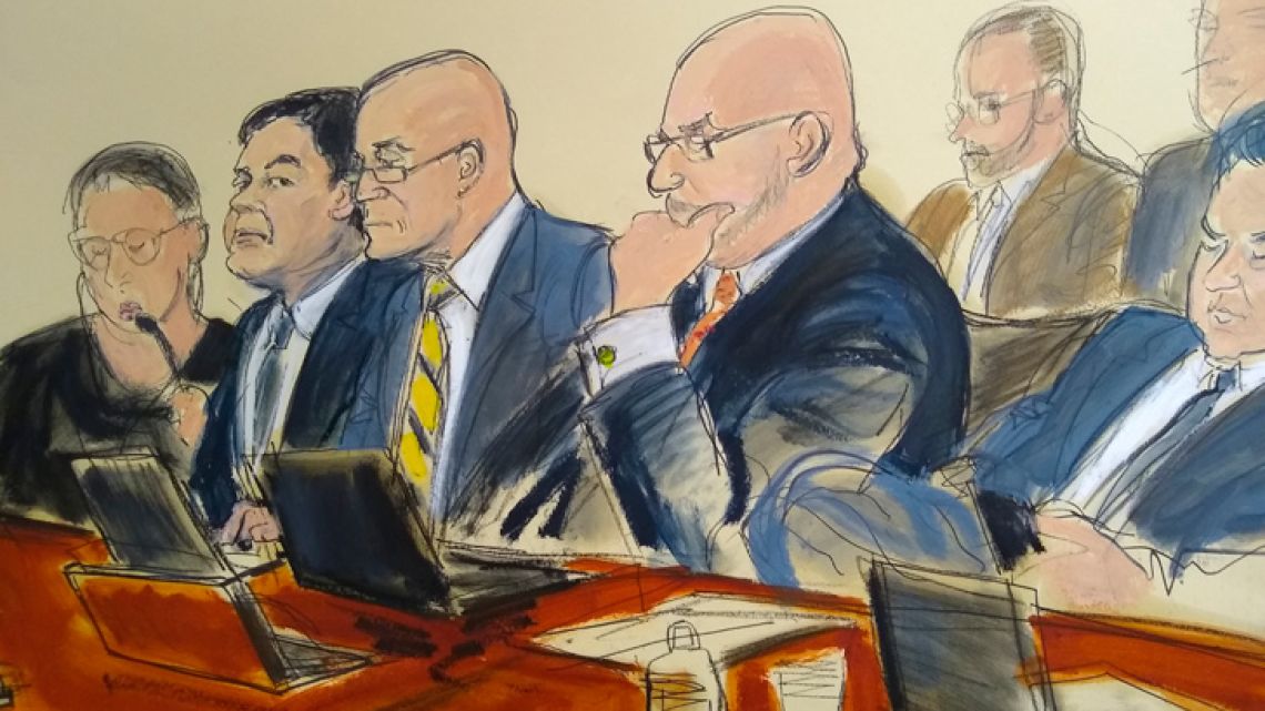 In this courtroom drawing, Joaquín 'El Chapo' Guzmán, second from left, seated with his defence attorneys, listens to testimony in New York.