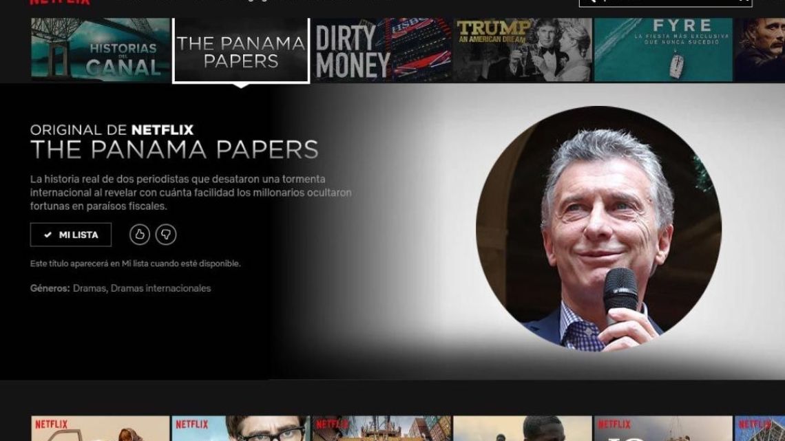 A screenshot of the Netflix series about the Panama Papers, including an imposed photo of President Macri, who appears in the film.