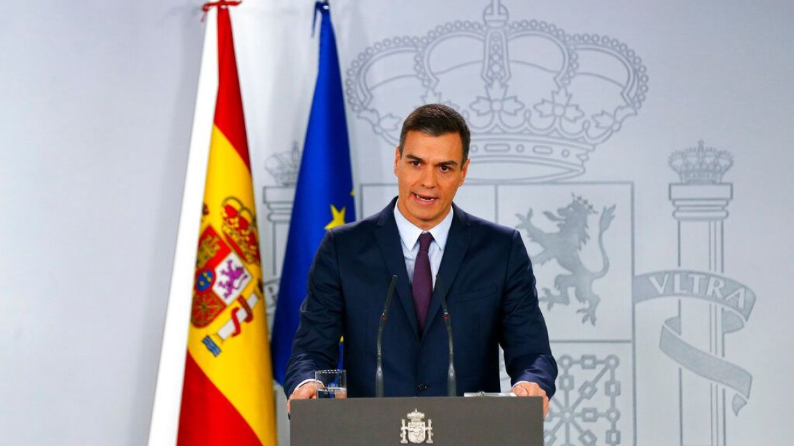 Spain's Prime Minister Pedro Sanchez delivers a statement at the Moncloa Palace in Madrid, Spain, Friday, Feb. 15, 2019. Sanchez has called early general elections for late April, barely a month before European parliamentary elections.