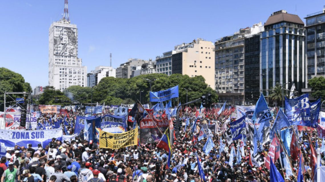 Thousands of demonstrators gather on 9 de Julio on Wednesday.