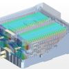 Para impedir que la batería de Li-ión alcance temperaturas anormalmente altas, se aplica en este caso el enfriamiento por líquido. Se visualiza el sistema en el gráfico realizado por computadora.
