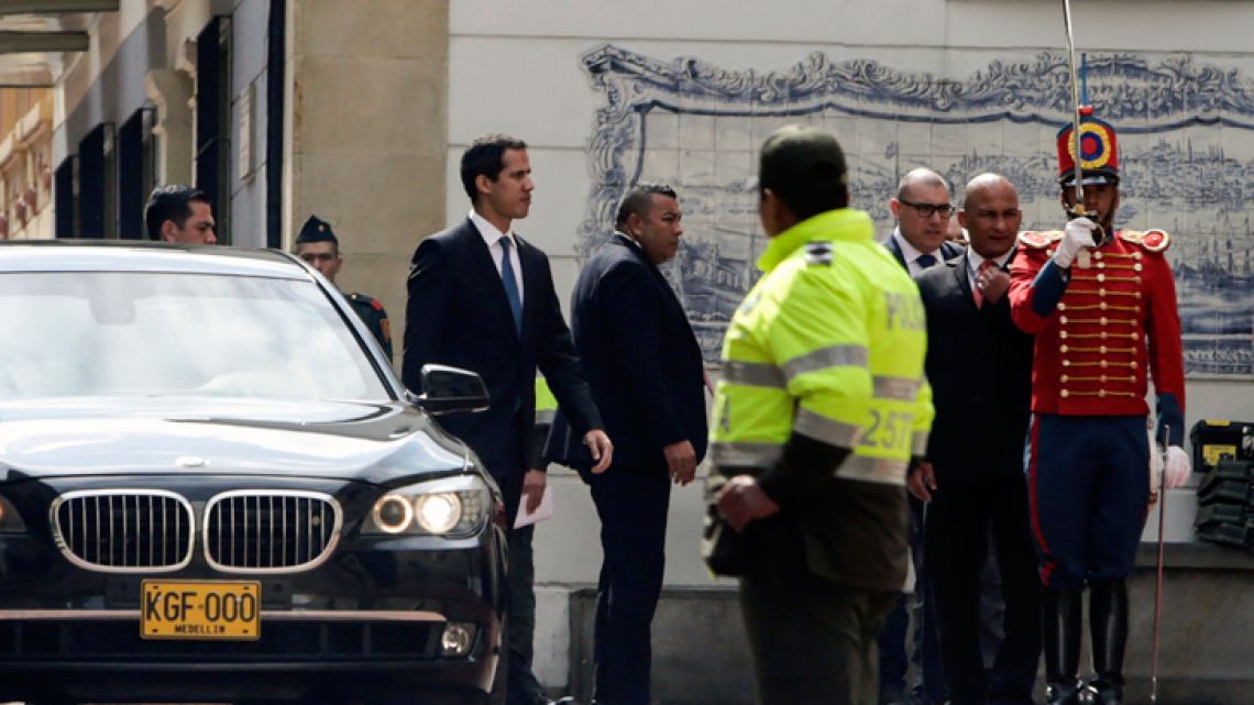 Venezuelan opposition leader and self-declared acting president Juan Guaidó arrives at the Foreign Ministry in Bogotá to take part in a meeting with Foreign Ministers of the Lima Group on next steps in Venezuela crisis, on February 25, 2019.