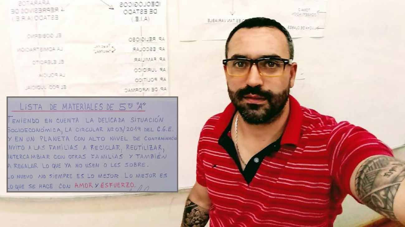 El docente enterriano Christian Leissa escribió la "lista de materiales" para sus alumnos y conmovió a todos. 