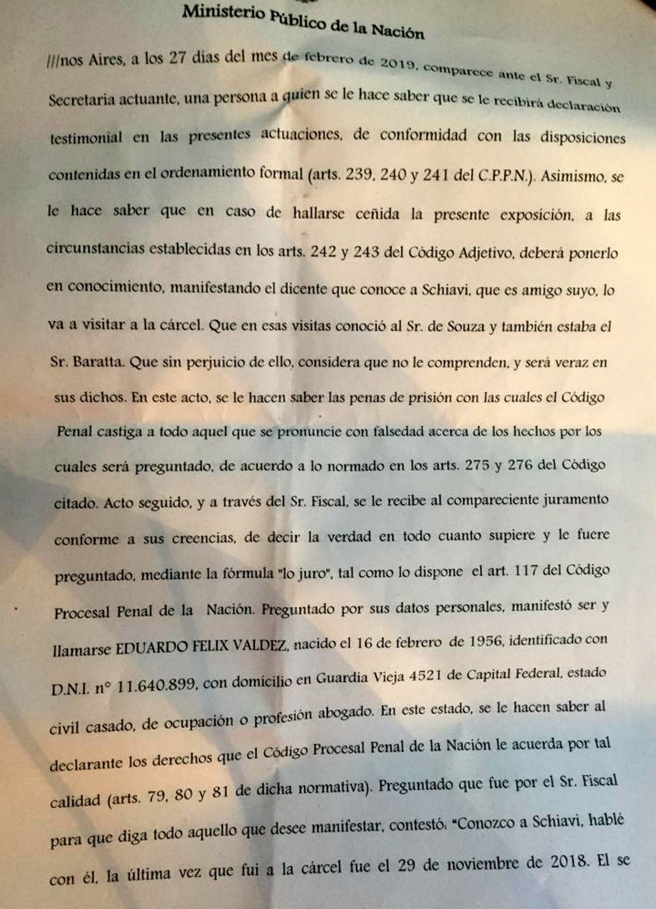 La declaración de Eduardo Valdés ante el fiscal Di Lello.