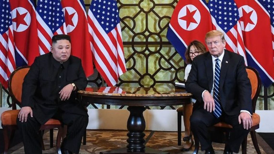 US President Donald Trump and North Korea's leader Kim Jong Un hold a meeting during the second US-North Korea summit at the Sofitel Legend Metropole hotel in Hanoi on February 28, 2019. 