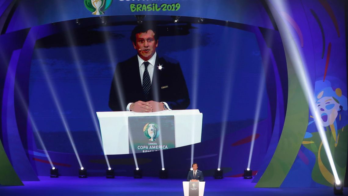 CONMEBOL president Alejandro Domínguez speaks during the Copa America draw in Rio de Janeiro in January, 2019.