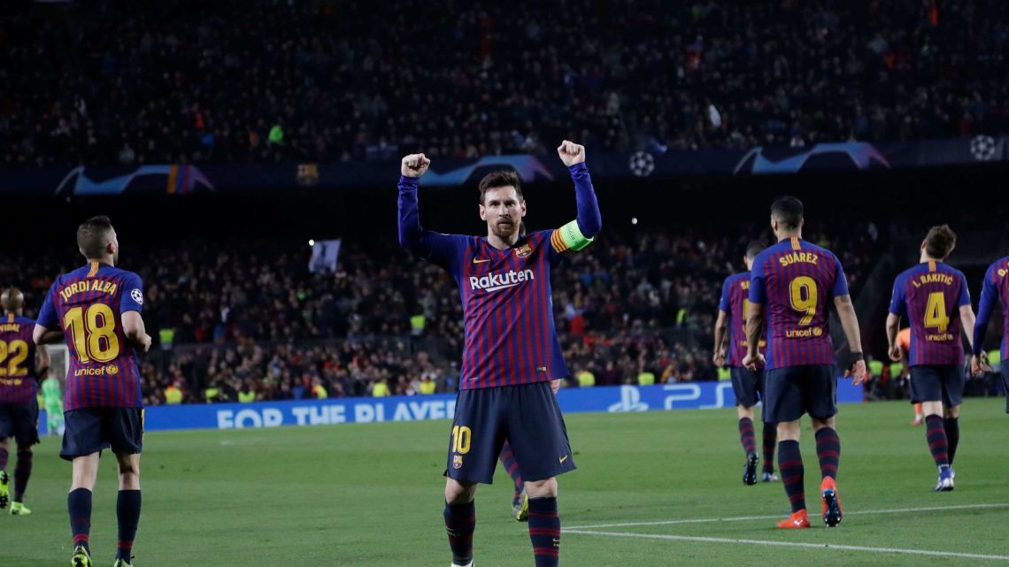 Barcelona's Lionel Messi celebrates after scoring his side's third goal during the Champions League round of 16.