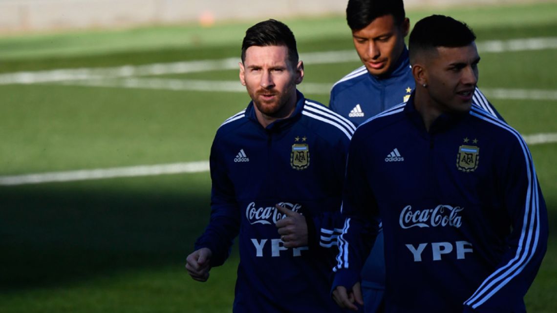 Lionel Messi and teammates attend a training session at the Real Madrid's training facilities of Valdebebas in Madrid on March 18, 2019, ahead of the international friendly match between Argentina and Venezuela.
