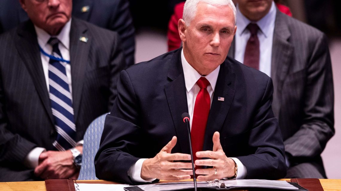 US Vice President Mike Pence speaks during a Security Council meeting about the situation in Venezuela at the United Nations in New York on April 10, 2019