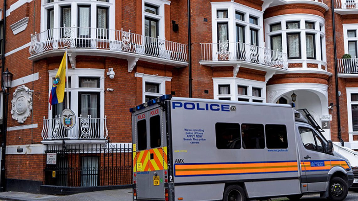 A police van is pictured outside of the Embassy of Ecuador in London on April 11, 2019, after police arrested WikiLeaks founder Julian Assange. 