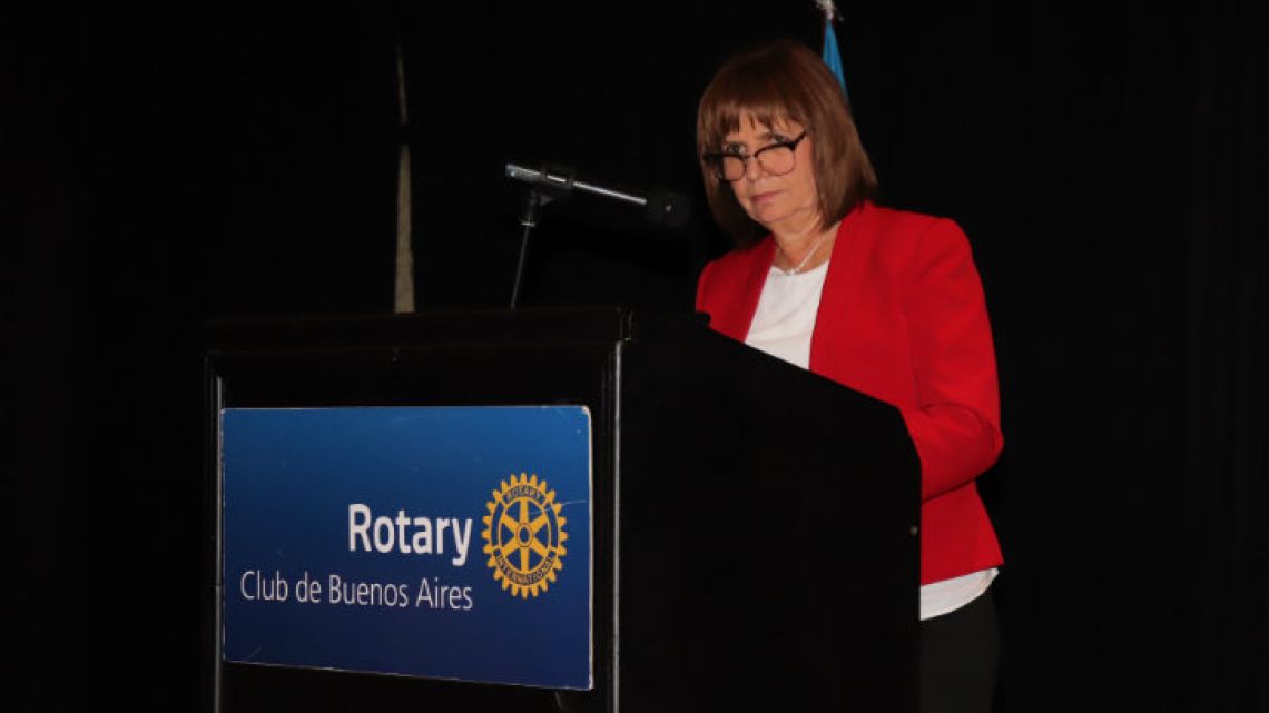 Security Minister Patricia Bullrich addresses the Rotary Club in Buenos Aires.