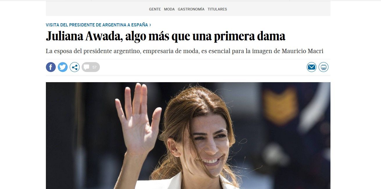 Awada, algo más que una primera dama. Así la describió en febrero de 2017 en El País (España) el periodista Carlos E.Cué.