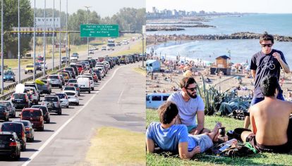 Escapada. Miles de autos salieron a la ruta el jueves al inicio del asueto (izq.). En Mar del Plata, el día pareció de verano (der.).
