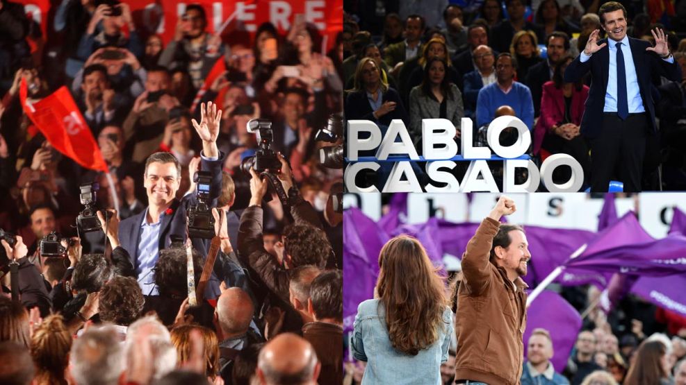 Pedro Sánchez, Pablo Casado y Pablo Iglesias, los vértices de la elección en España.