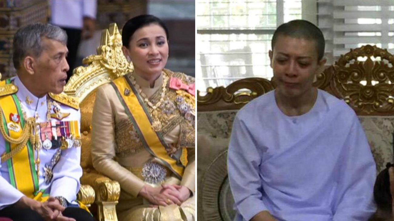 La reina Suthida en su coronación (izq.); la ex princesa Srirasmi en su arresto domiciliario (der.)