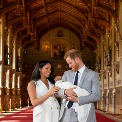 Britain's Prince Harry and Meghan, Duchess of Sussex, during a photocall with their newborn son, in St George's Hall at Windsor Castle, Windsor, south England, Wednesday May 8, 2019. Baby Sussex was born Monday at 5:26 a.m. (0426 GMT; 12:26 a.m. EDT) at an as-yet-undisclosed location. An overjoyed Harry said he and Meghan are "thinking" about names. 