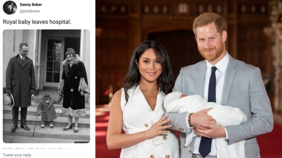 "El bebé real abandona el hospital", tuiteó el presentador de radio Danny Baker, junto a una imagen en blanco y negro de una pareja, cuya mujer le da la mano a un chimpancé con un traje y un sombrero.
