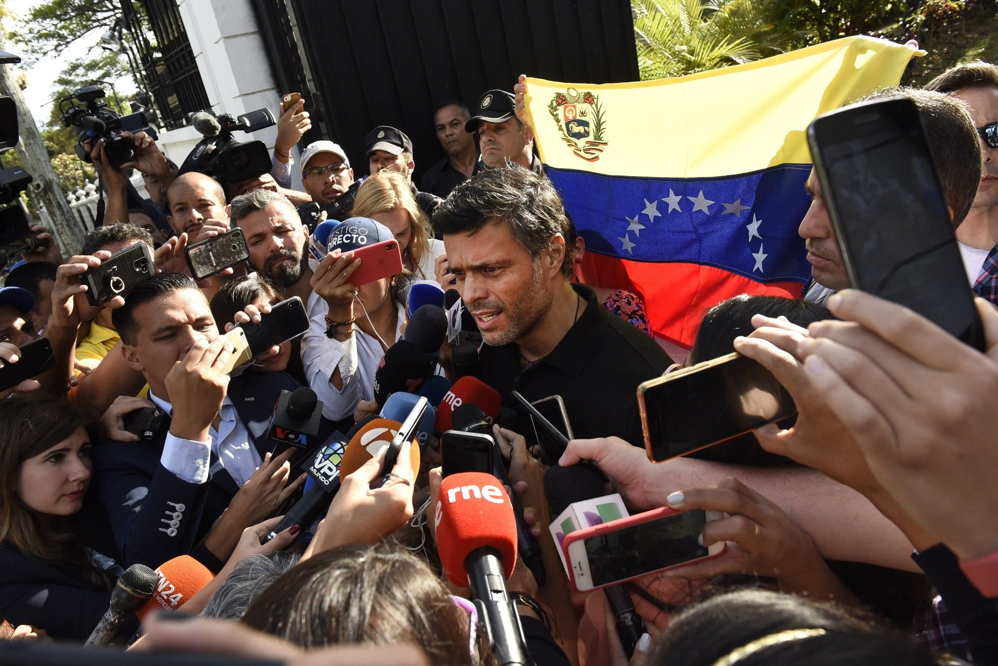 Opposition Leader Leopoldo Lopez Speaks With Members Of The Media