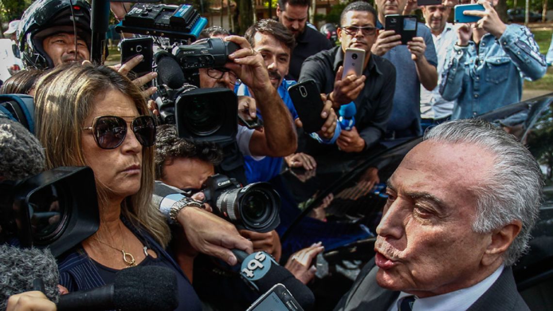 Brazil's former president Michel Temer talks to the press on his arrival to his house after the Superior Court of Justice decided unanimously to release him from preventive prison in São Paulo, Brazil on May 15, 2019.