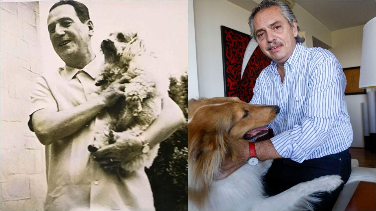 Izquierda. Juan Domingo Perón con su perro caniche. Derecha. El candidato presidencial Alberto Fernández junto a su perro, Dylan.