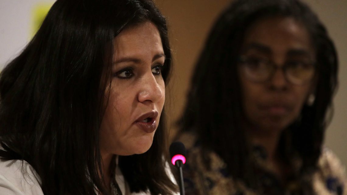 International Amnesty's Americas Executive Director Erika Guevara-Rosas, left, sitting next to International Amnesty's Brazil Executive Director Jurema Werneck, speaks during a press conference in Brasilia, Brazil, Tuesday, May 21, 2019. Amnesty International is launching a campaign called "Brazil for Everyone" to present their criticisms of Jair Bolsonaro's "anti-human rights" agenda.