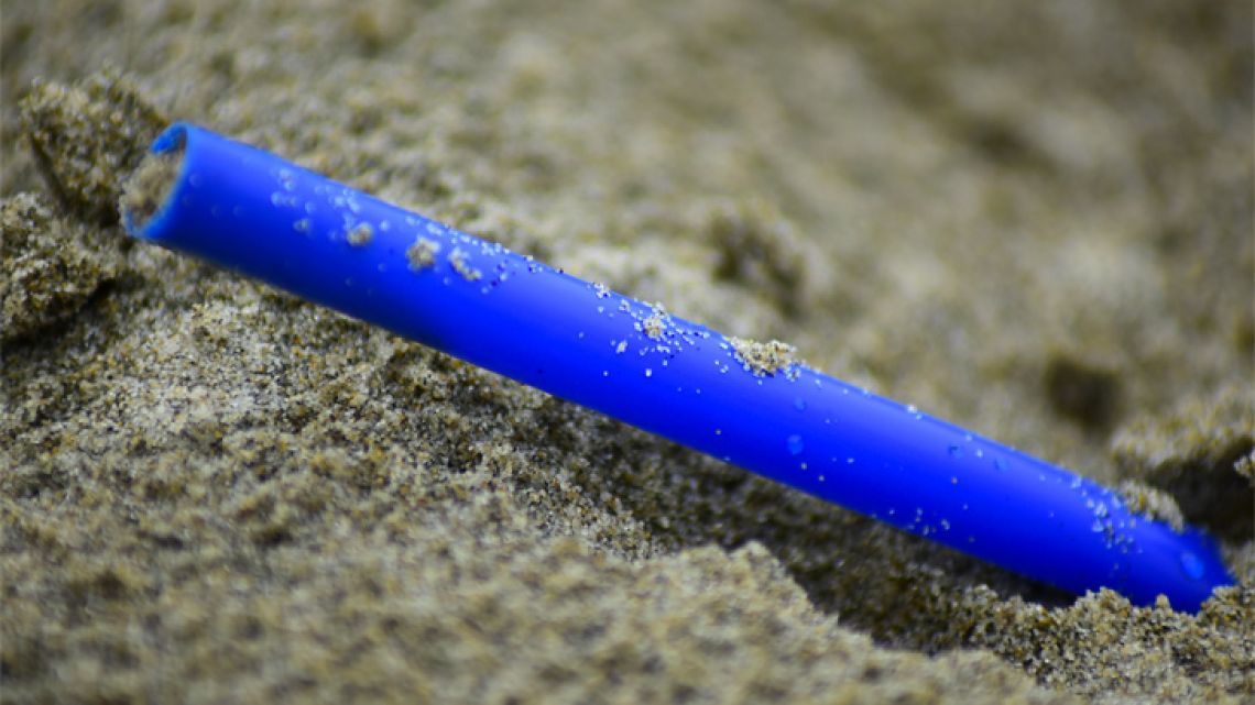 Plastic straw on a beach.
