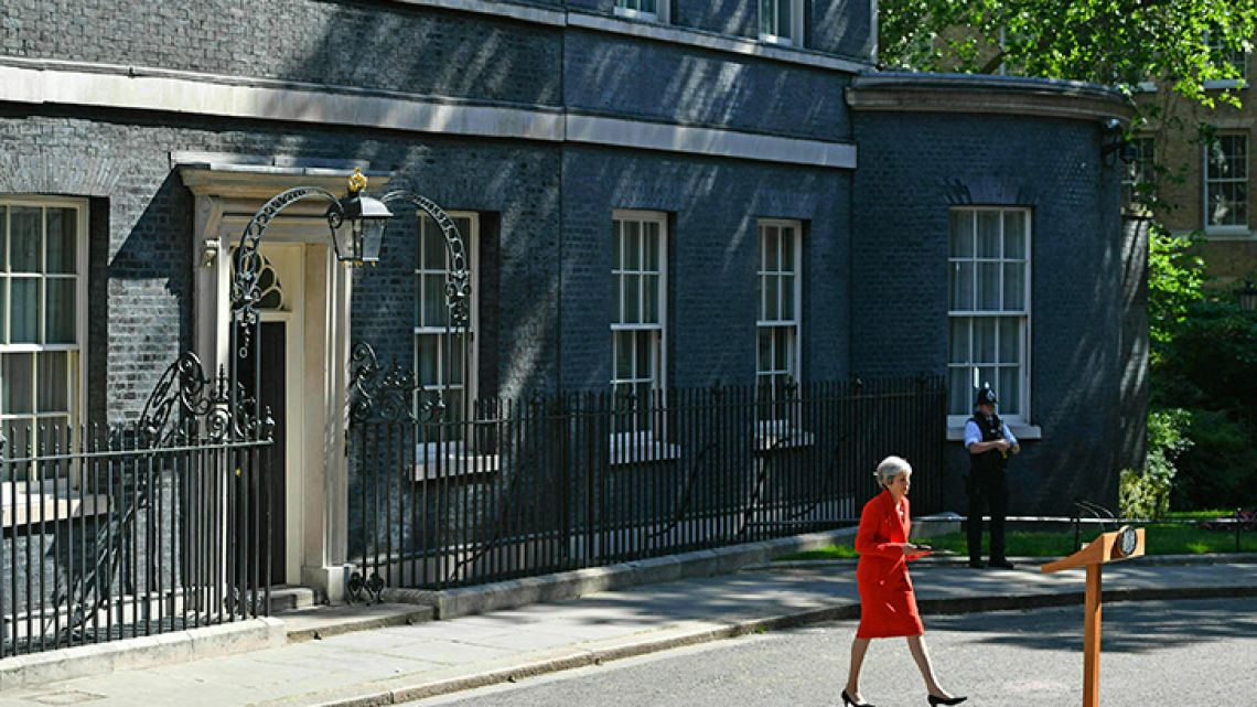 Britain's Prime Minister Theresa May arrives to make a statement outside at 10 Downing Street in London, Friday May 24, 2019. 