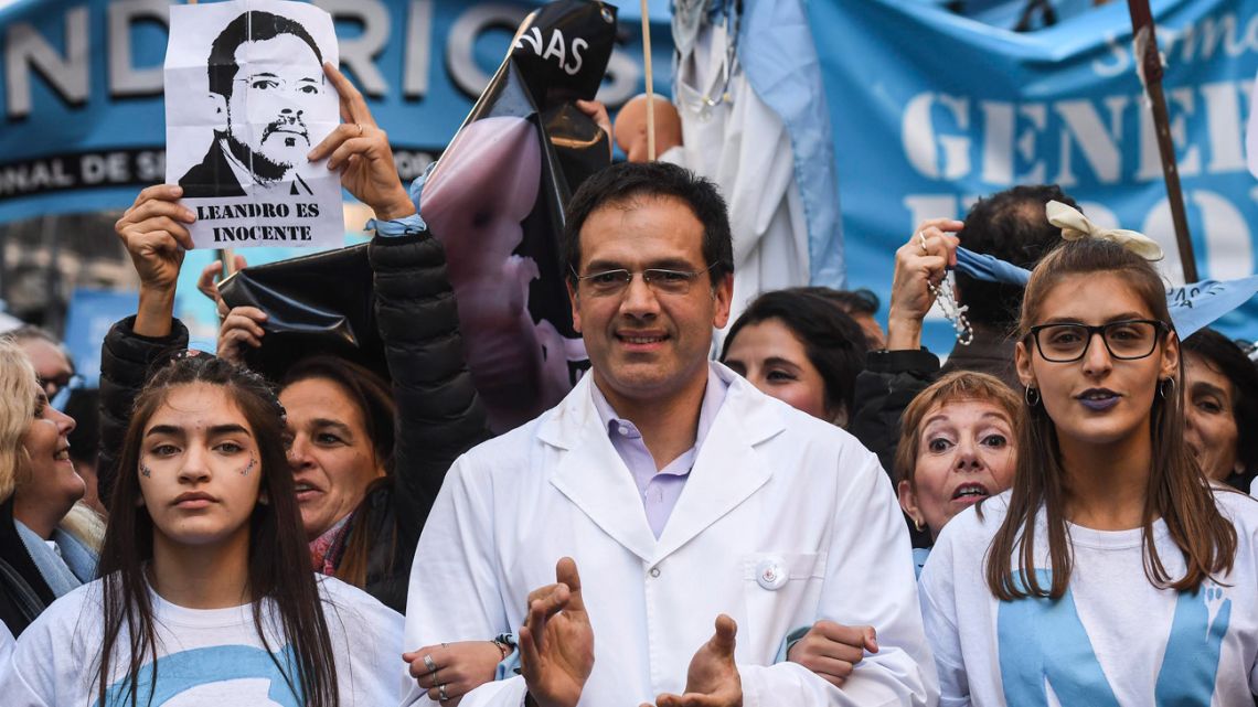 Photo released by Télam showing gynaecologist Leandro Rodríguez Lastra (centre) taking part in a march against the legalisation of abortion, in Buenos Aires, Argentina, on June 8, 2019. 