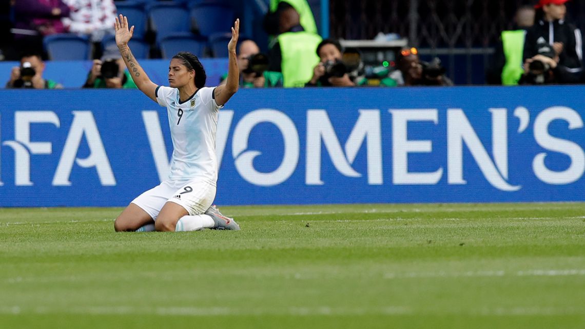 Argentina's Solé Jaimes celebrates at the end of the Women's World Cup Group D match between Argentina and Japan at the Parc des Princes in Paris on Monday.
