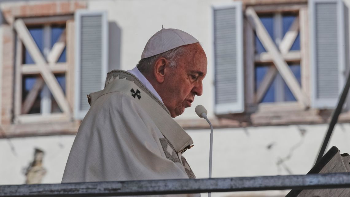 Pope Francis celebrates mass in Camerino, Italy, Sunday, June 16, 2019. 