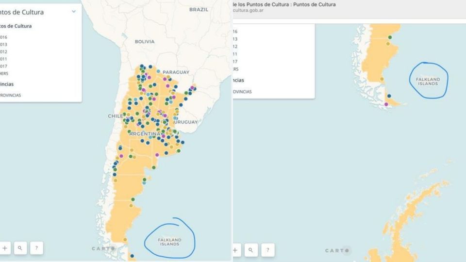 Página de la Secretaría de Cultura donde las Islas Malvinas figuran como Falklands.