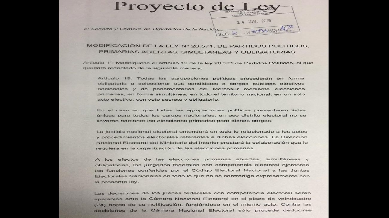 Proyecto para reformar el artículo 19 de la Ley N° 26.571 de Partidos Políticos que regula las Primarias Abiertas, Simultáneas y Obligatorias.