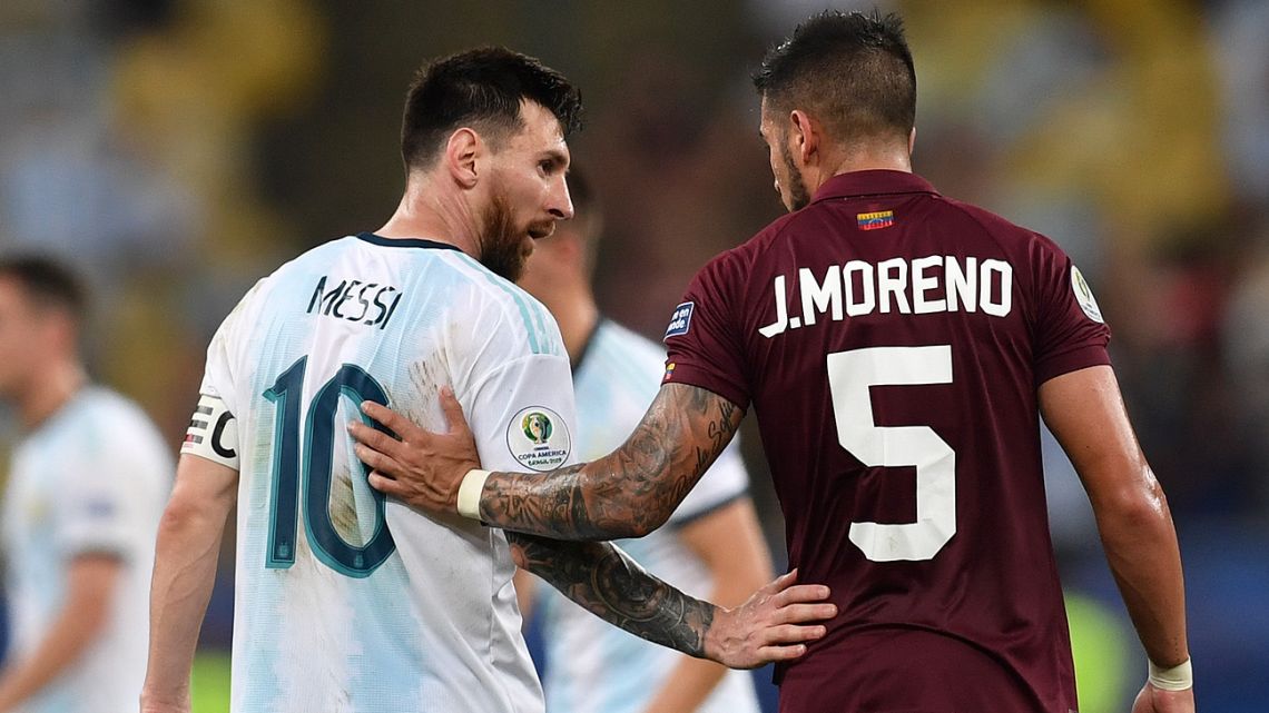 Lionel Messi and Venezuela’s Junior Moreno greet each other at the end of their Copa América football tournament quarter-final match at Maracana Stadium in Rio de Janeiro.