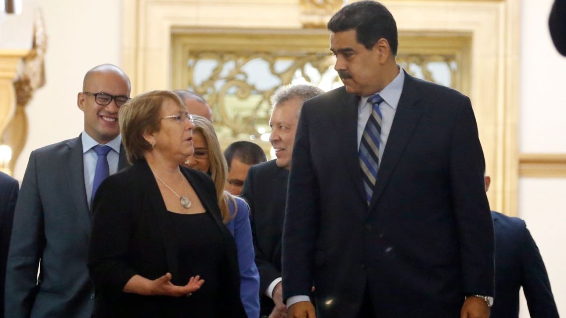 UN High Commissioner for Human Rights Michelle Bachelet with Venezuela's President Nicolas Maduro in Caracas, Venezuela, Friday, June 21, 2019. 