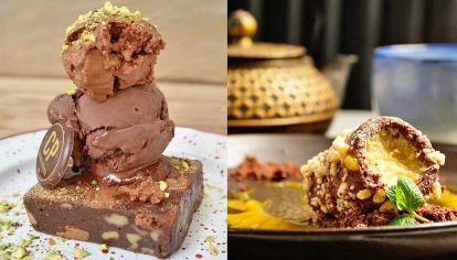Espumone. Con pistachos y sal, más helado y brownie (izq.).y Chocoroll. Sobre “tierra” de cacao y sal marina. (der.)