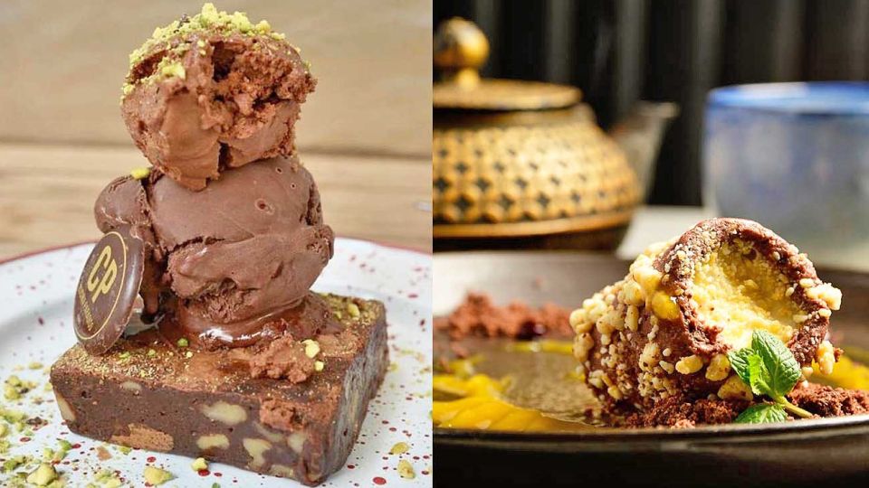 Espumone. Con pistachos y sal, más helado y brownie (izq.).y Chocoroll. Sobre “tierra” de cacao y sal marina. (der.)