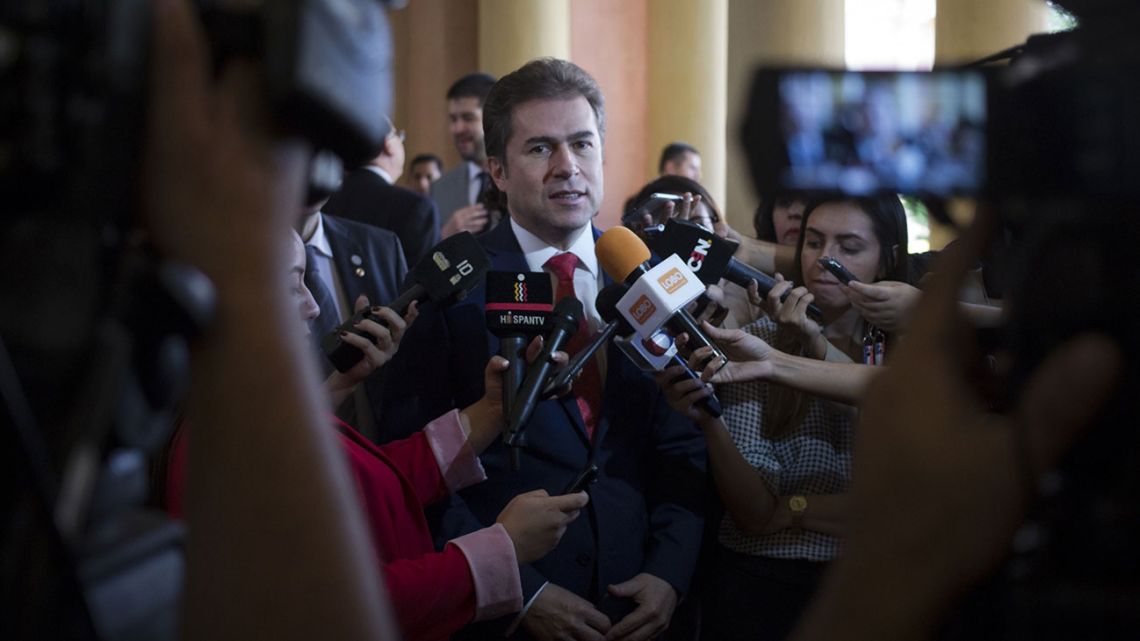 Paraguay FM Luis Alberto Castiglioni speaks to members of the media 