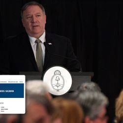 US Secretary of State Mike Pompeo delivers a speech at the Second Hemisphere Ministerial Conference on the Fight Against Terrorism in Buenos Aires. Inset: an Interpol notice for alleged Hezbollah operative Salman Raouf Salman. 