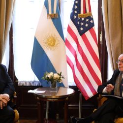 US Secretary of State Mike Pompeo, left, and Foreign Minister Jorge Faurie, talk during a meeting on the sidelines of the international counterterrorism conference in Buenos Aires. 