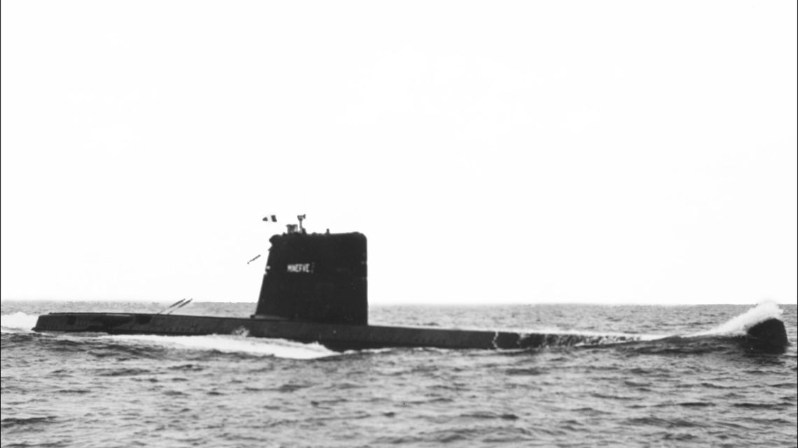 An undated photograph shows the Minerva, a French submarine class Daphne seen at sea during a military exercise. The submarine La Minerve, which disappeared 50 years ago, has been found off the coast of Toulon, southern France, it was announced by the French Defence Minister on July 22, 2019. The Minerva disappeared at sea, with its 52 man crew on January 27, 1968, off Toulon.