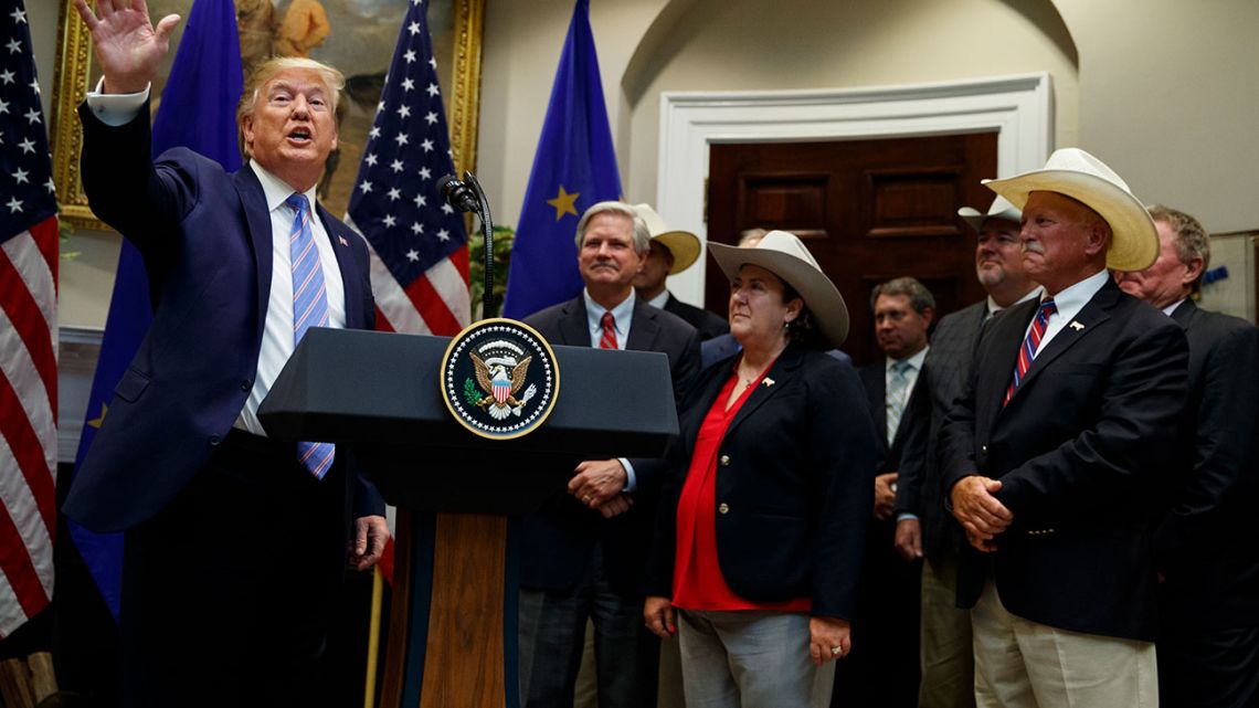 President Donald Trump waves as he leaves an event announcing expanded U.S. beef exports to the European Union, in the Roosevelt Room of the White House.