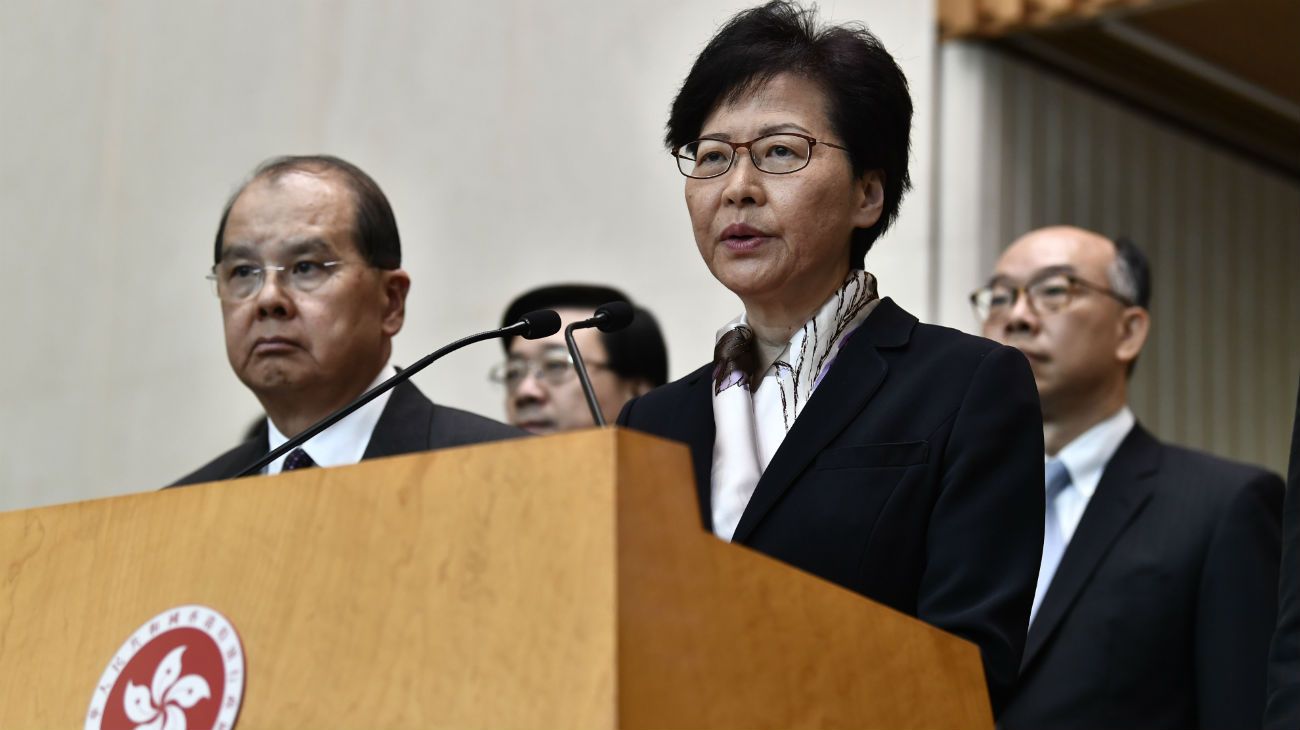 La jefa del gobierno, Carrie Lam, convocó una conferencia de prensa por el paro.