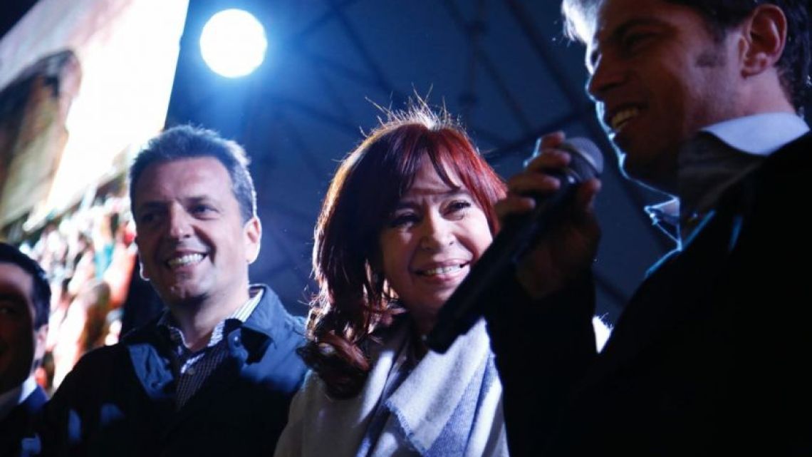 From L to R: Sergio Massa, Cristina Fernandez de Kirchner and Axel Kicillof.