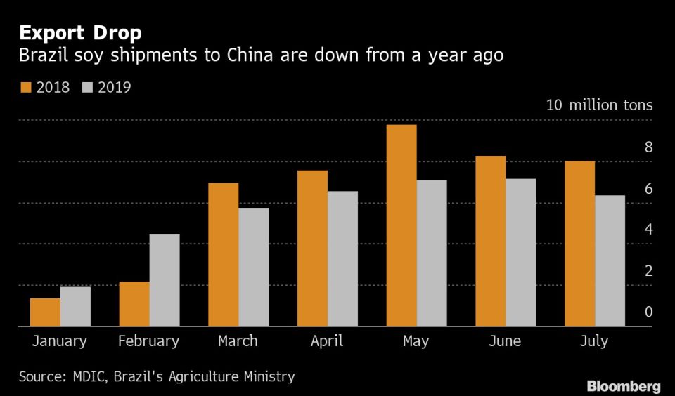 Las exportaciones de soja de Brasil a China están en baja respecto de 2018. Fuente: Bloomberg.