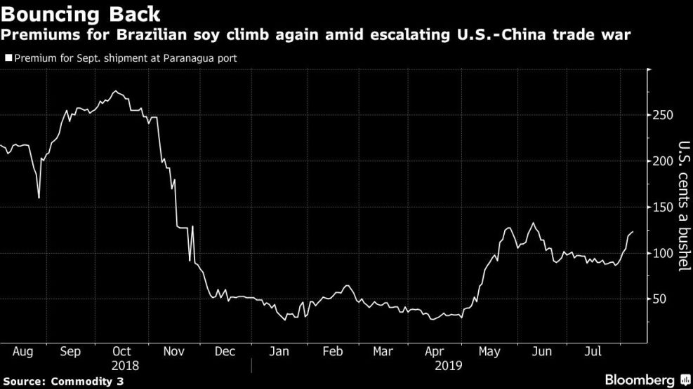 Premiums for Brazilian soy climb again amid escalating U.S.-China trade war