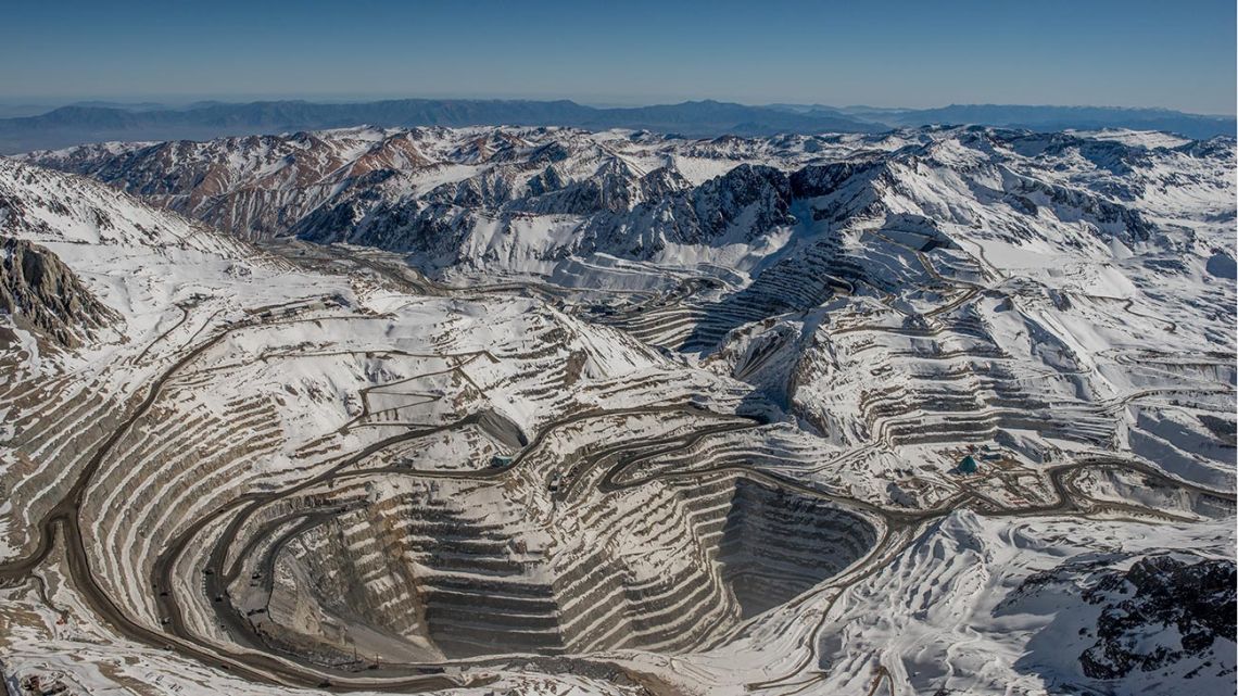 An aerial view of the Andina and Los Bronces mines, and of a glacier located in the Andes mountains above Santiago, Chile.