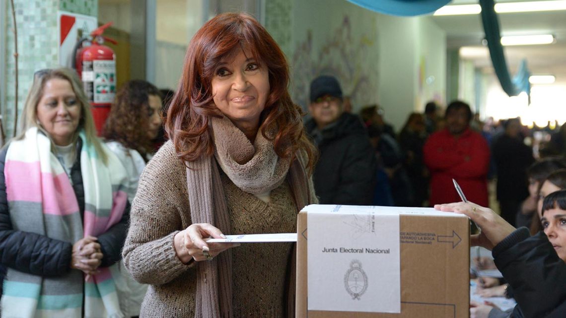 In this picture provided by Frente de Todos, former president Cristina Fernández de Kirchner prepares to cast her vote in PASO primary elections in Río Gallegos.