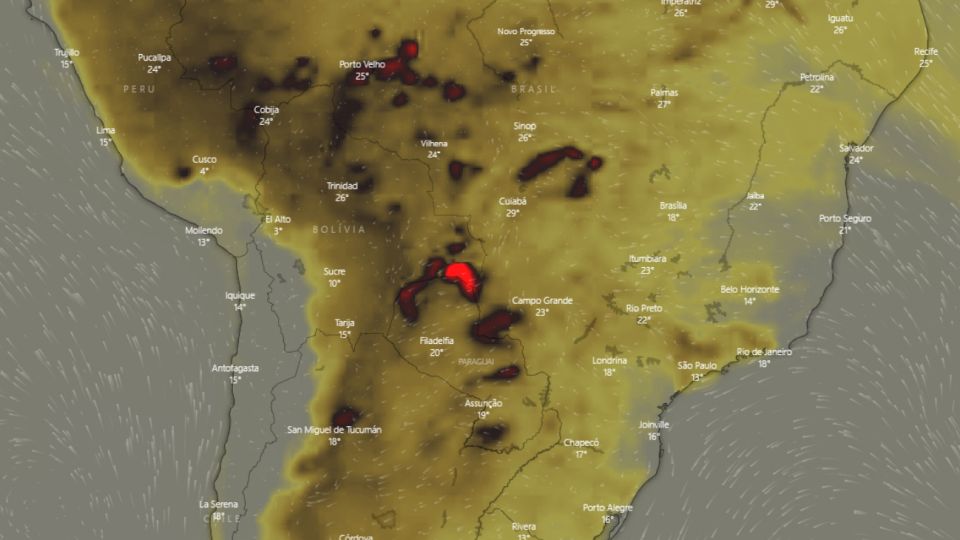 Concentración de dióxido de carbono en Sudamérica este lunes 26 de agosto.