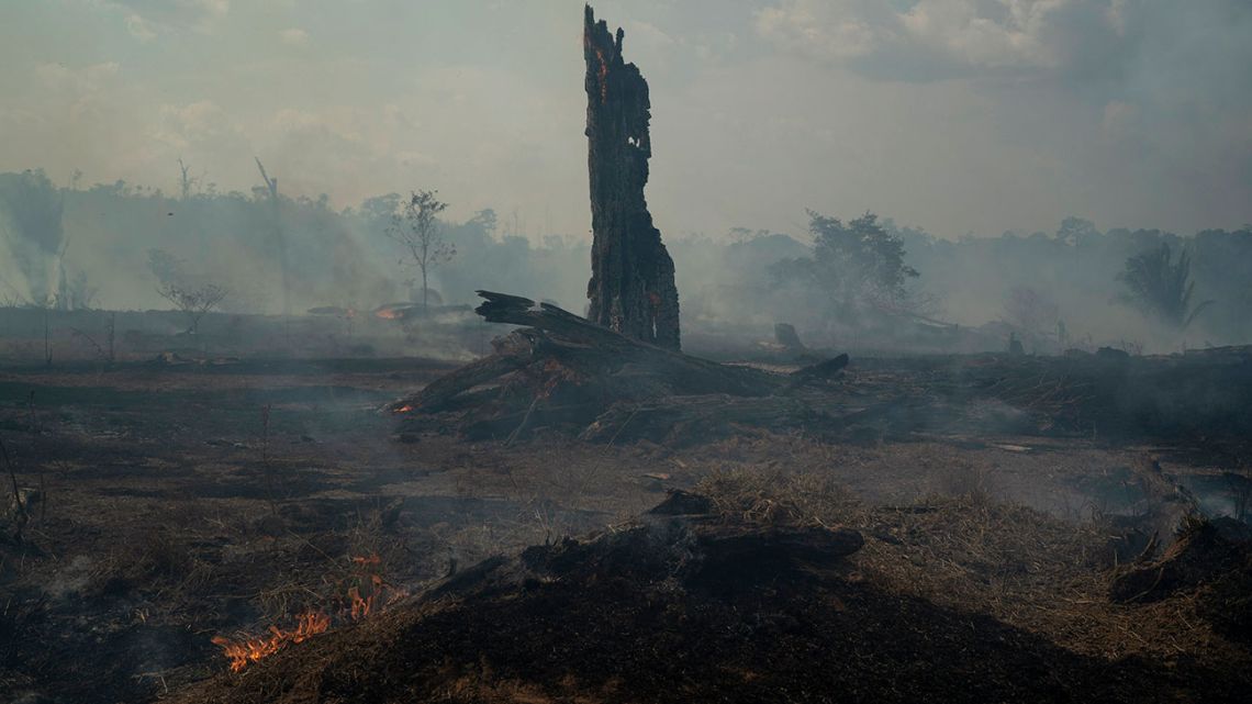 Land smolders during a forest fire in Altamira in Brazil's Amazon, Monday, Aug. 26, 2019. The fire is very close to Kayapo indigenous land located on the Bau indigenous reserve.