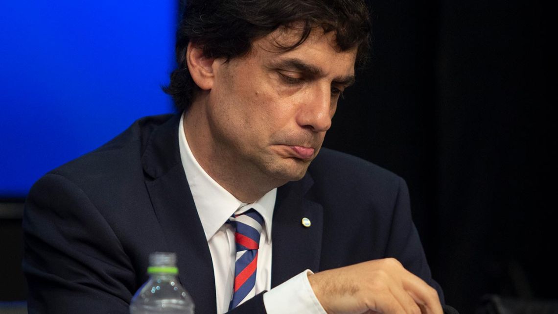 Finance Minister Hernán Lacunza gives a press conference in Buenos Aires.